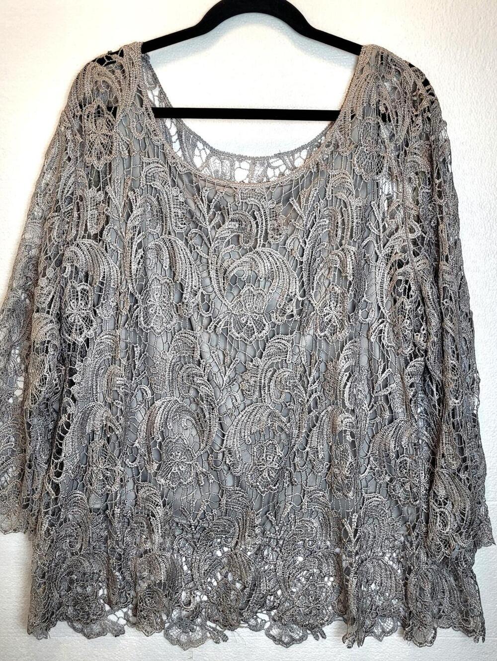 Silver Stretch Lace Long Sleeved Blouse Size 2X